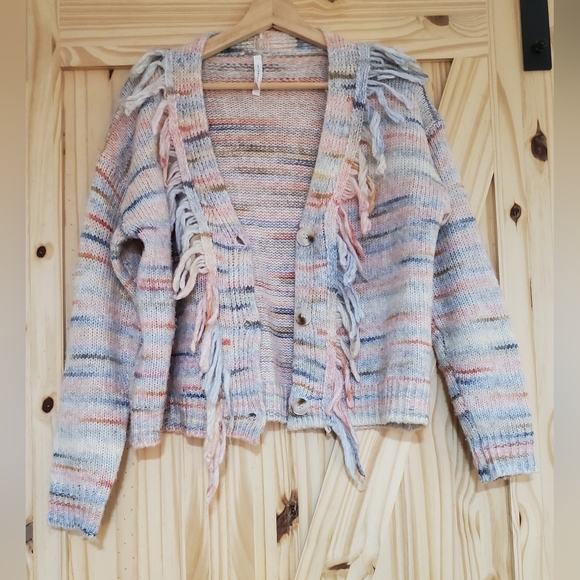Dreamers By Debut Size L Multi Colour Fringe Button Up V-Neck Knit Sweater - Picture 1 of 10